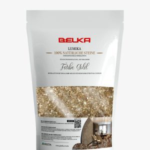 Baumwollputz Lumika Gold Mineralstein – luxuriöse Flüßigtapete für moderne Wandgestaltung mit goldenem Glanz