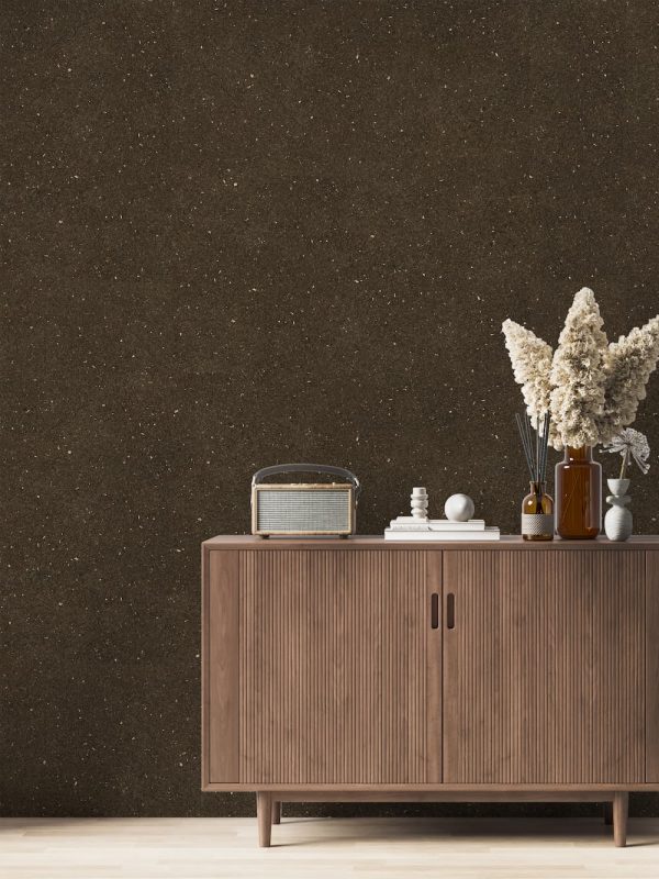 Baumwollputz Y2508 Mocha Mousse auf Wohnzimmerwand – sinnlich warme Wandbeschichtung mit natürlicher Textur