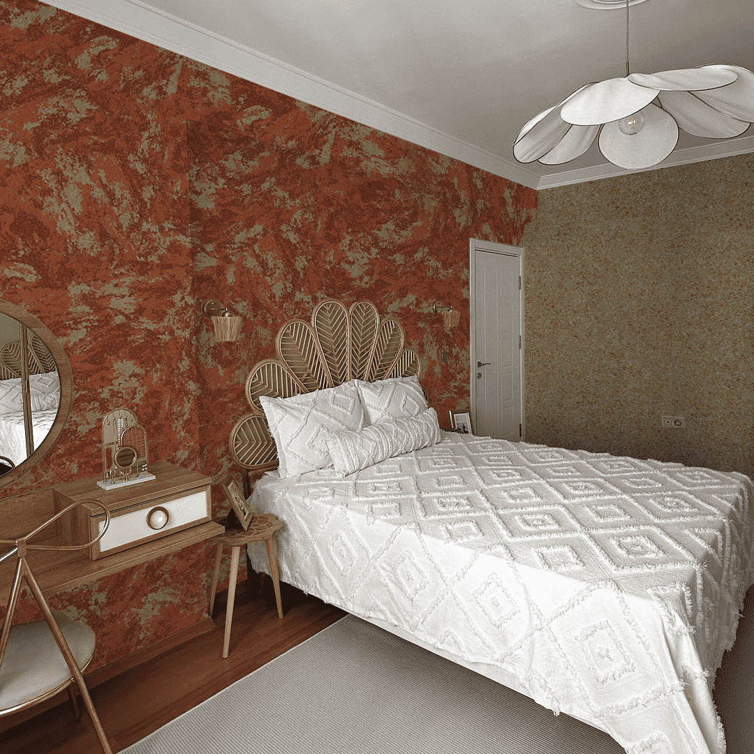 Schlafzimmer nach der Gestaltung mit hellem Baumwollputz