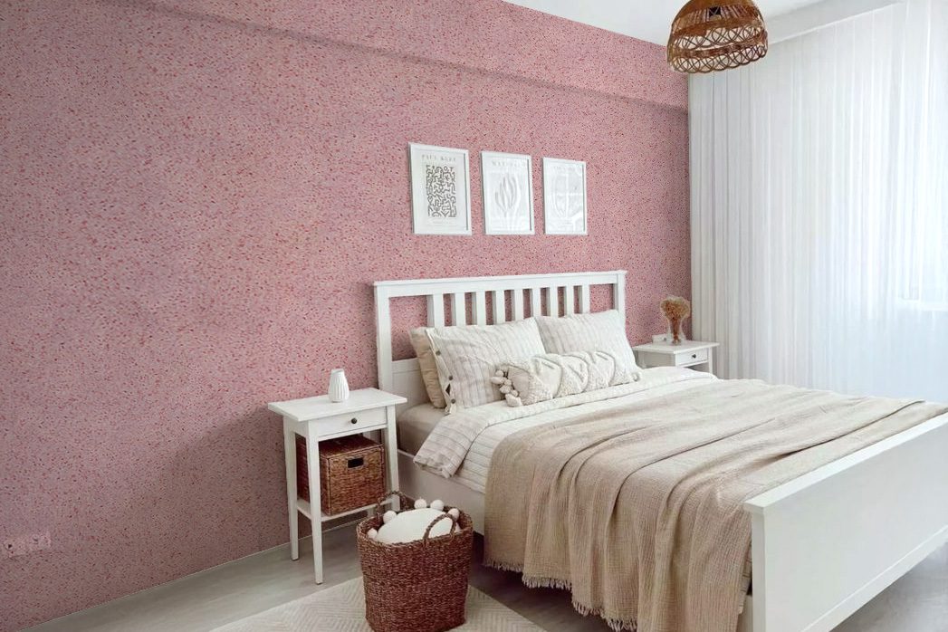 Schlafzimmer mit strukturiertem Baumwollputz