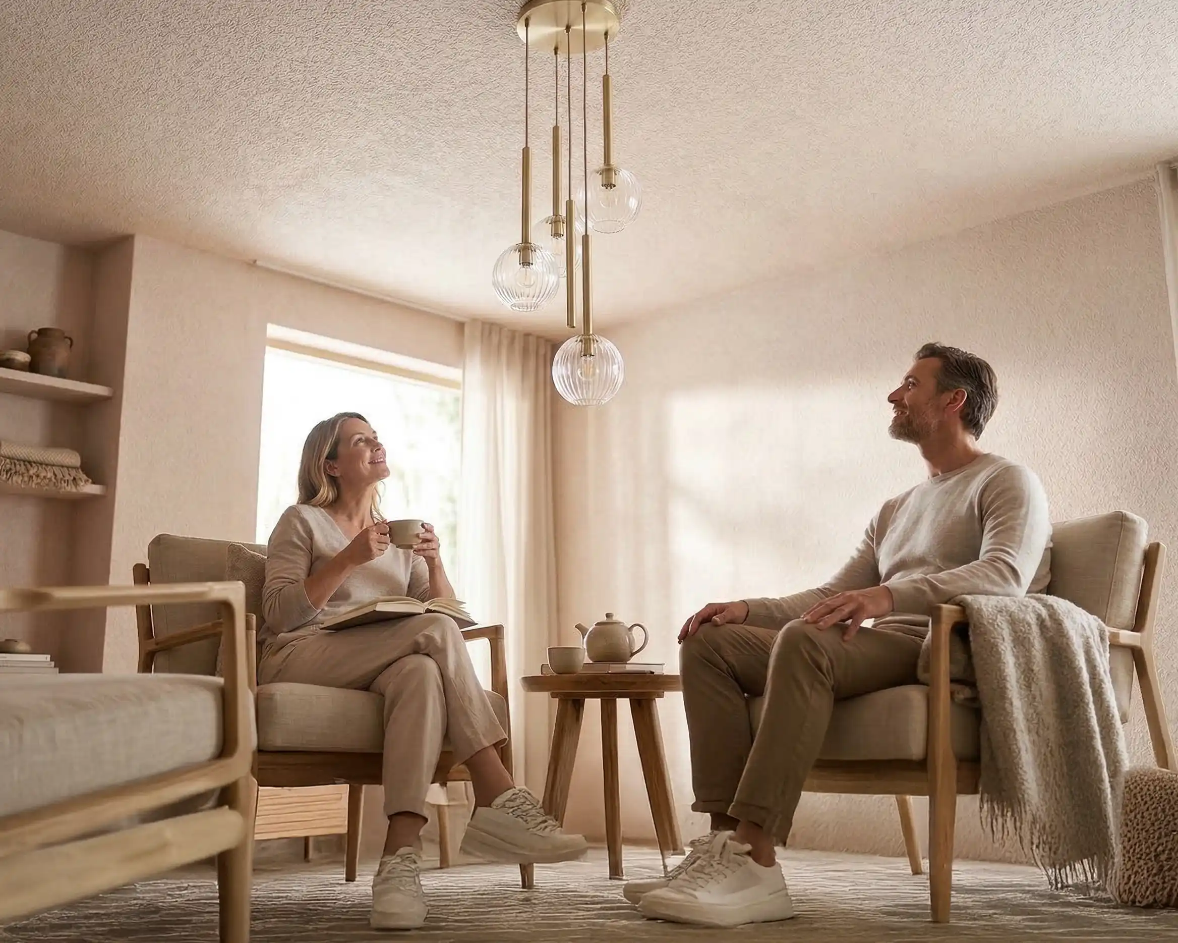 Deckendekoration mit Baumwollputz Wohnzimmer mit Baumwollputz Decke und abgestimmter Wandgestaltung als Deckendekoration