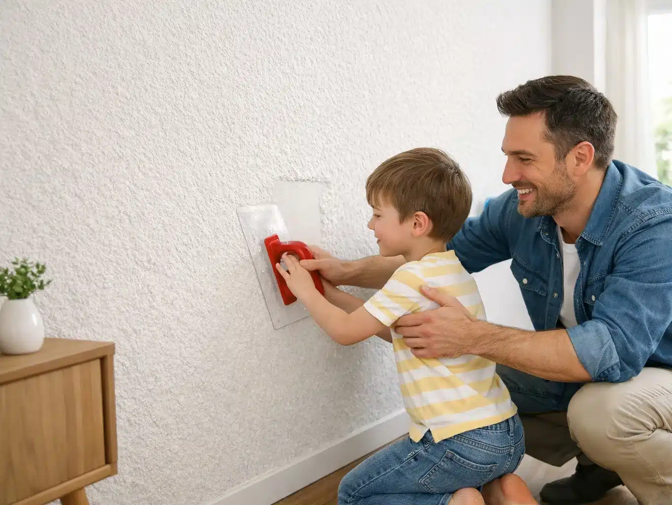 Baumwollputz wird mit einer Glättkelle auf die Wand aufgetragen als einfache DIY-Wandbeschichtung