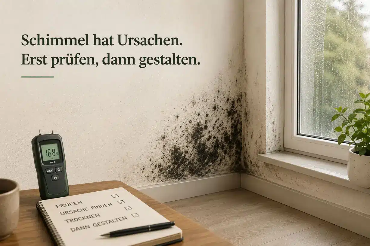 Baumwollputz und Schimmel Schimmel an einer Innenwand durch Feuchtigkeit und Kondenswasser als Hinweis auf Ursachenpruefung vor Baumwollputz