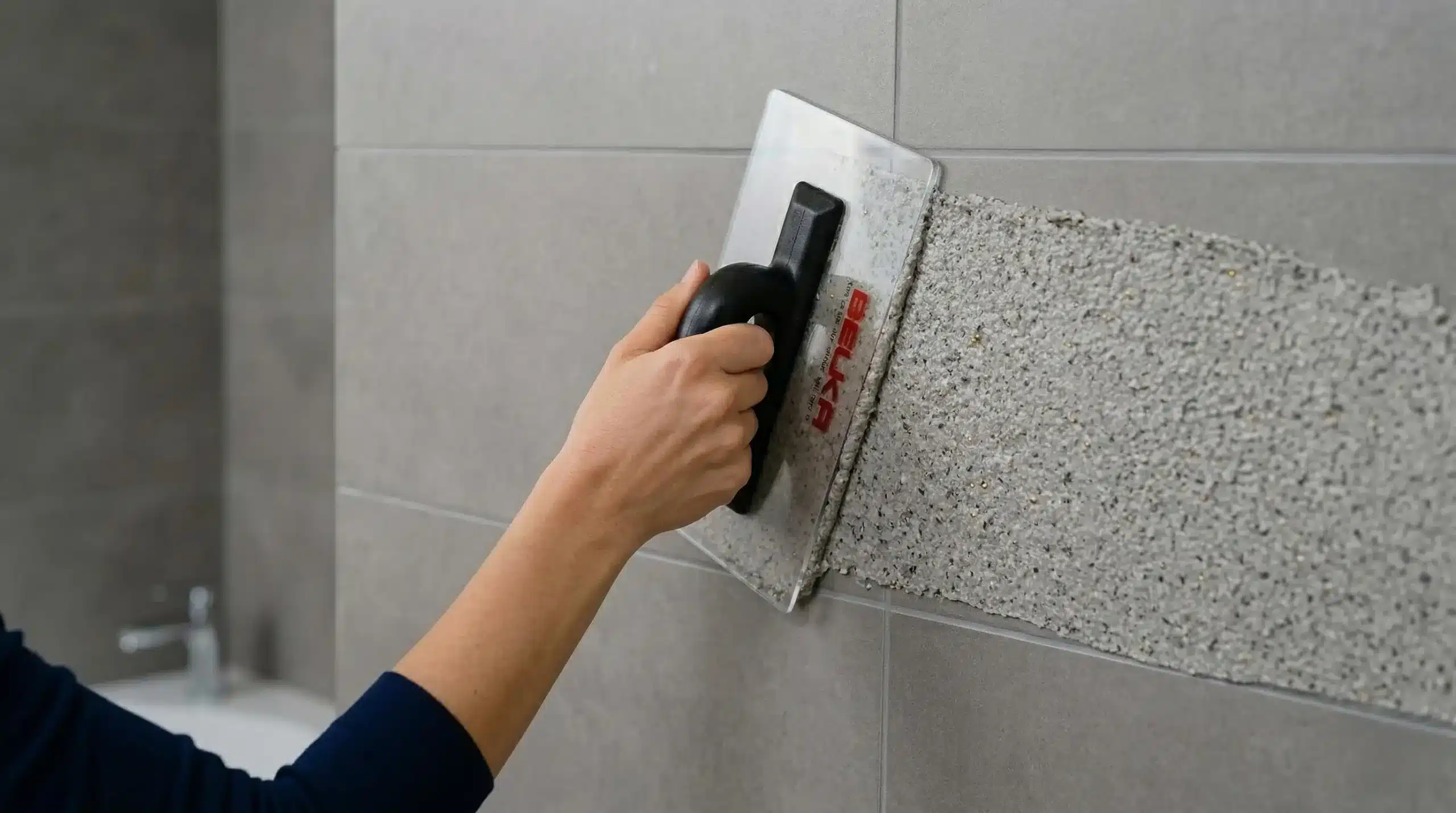 Baumwollputz verarbeiten Baumwollputz wird mit einer Glaettkelle auf eine Innenwand aufgetragen