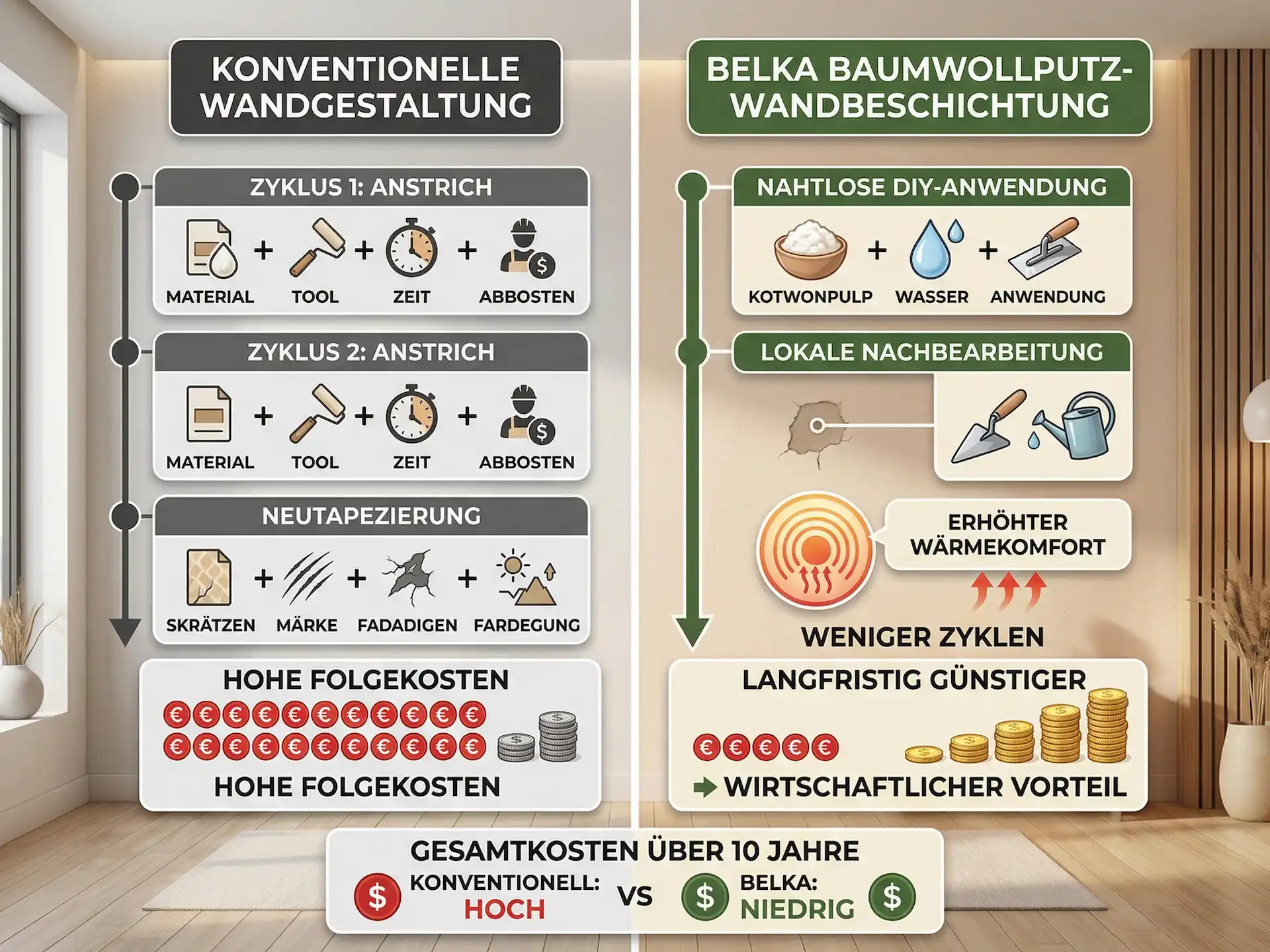 Baumwollputz und langfristige Wirtschaftlichkeit Langfristige Wirtschaftlichkeit von Baumwollputz im Vergleich zu klassischer Wandfarbe bei Renovierung, Reparatur und Nutzungsdauer
