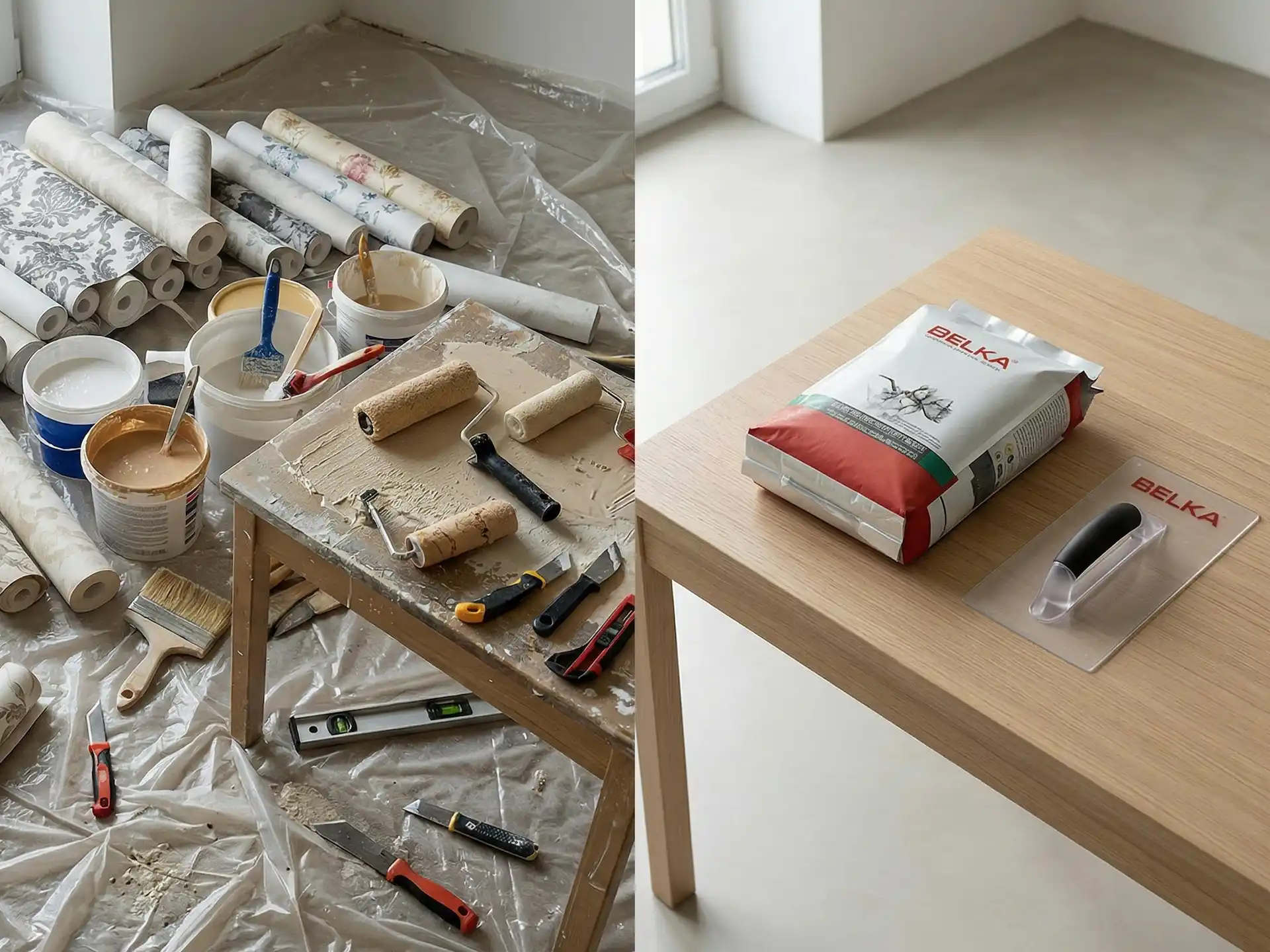 Werkzeugvergleich Baumwollputz und klassische Renovierung DIY Werkzeugvergleich für Baumwollputz Wandbeschichtung und klassische Renovierung mit Farbe oder Tapete