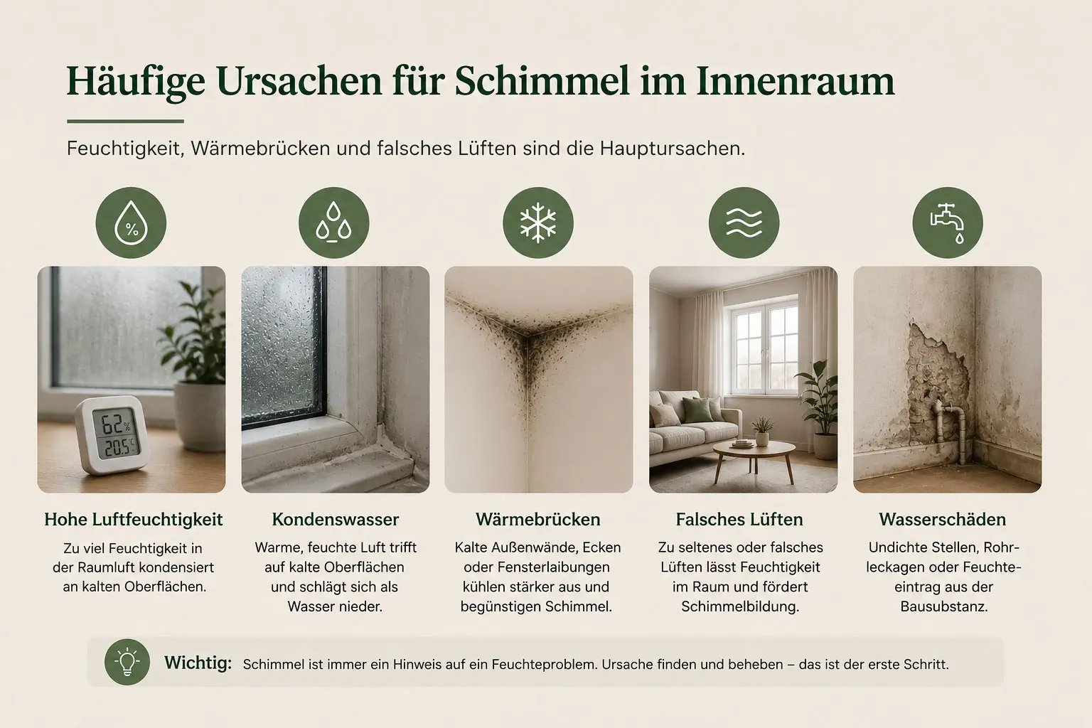 Untergrund und Feuchteursache vor Baumwollputz prüfen Haeufige Ursachen fuer Schimmel im Innenraum wie hohe Luftfeuchtigkeit Kondenswasser Waermebruecken falsches Lueften und Wasserschaeden