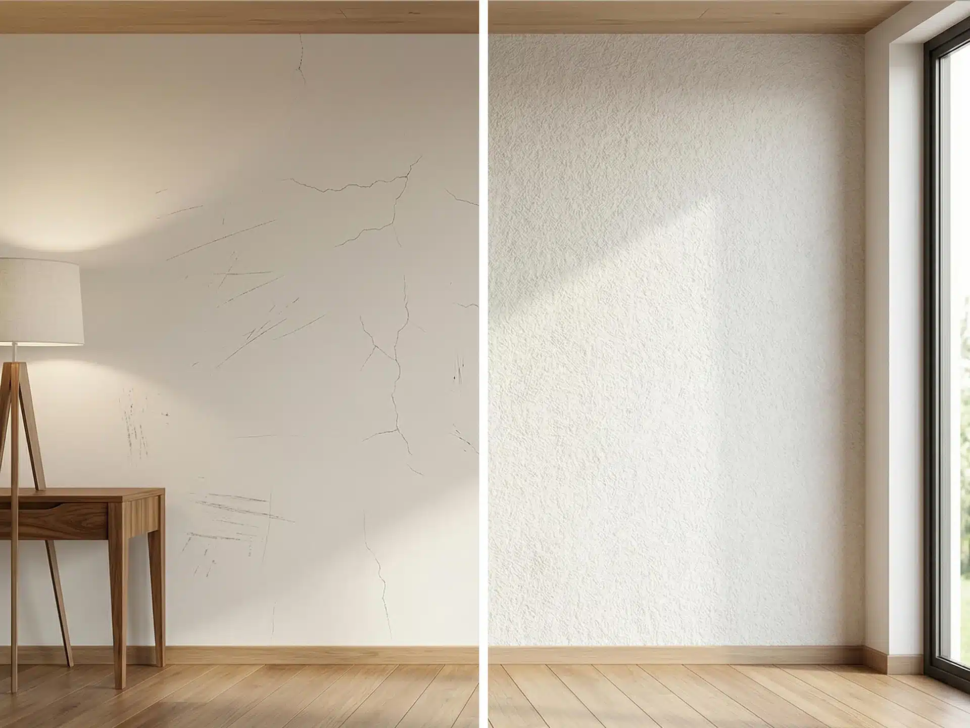 Vergleich zwischen glatter Wandfarbe und strukturierter Baumwollputz-Wand im modernen Innenraum