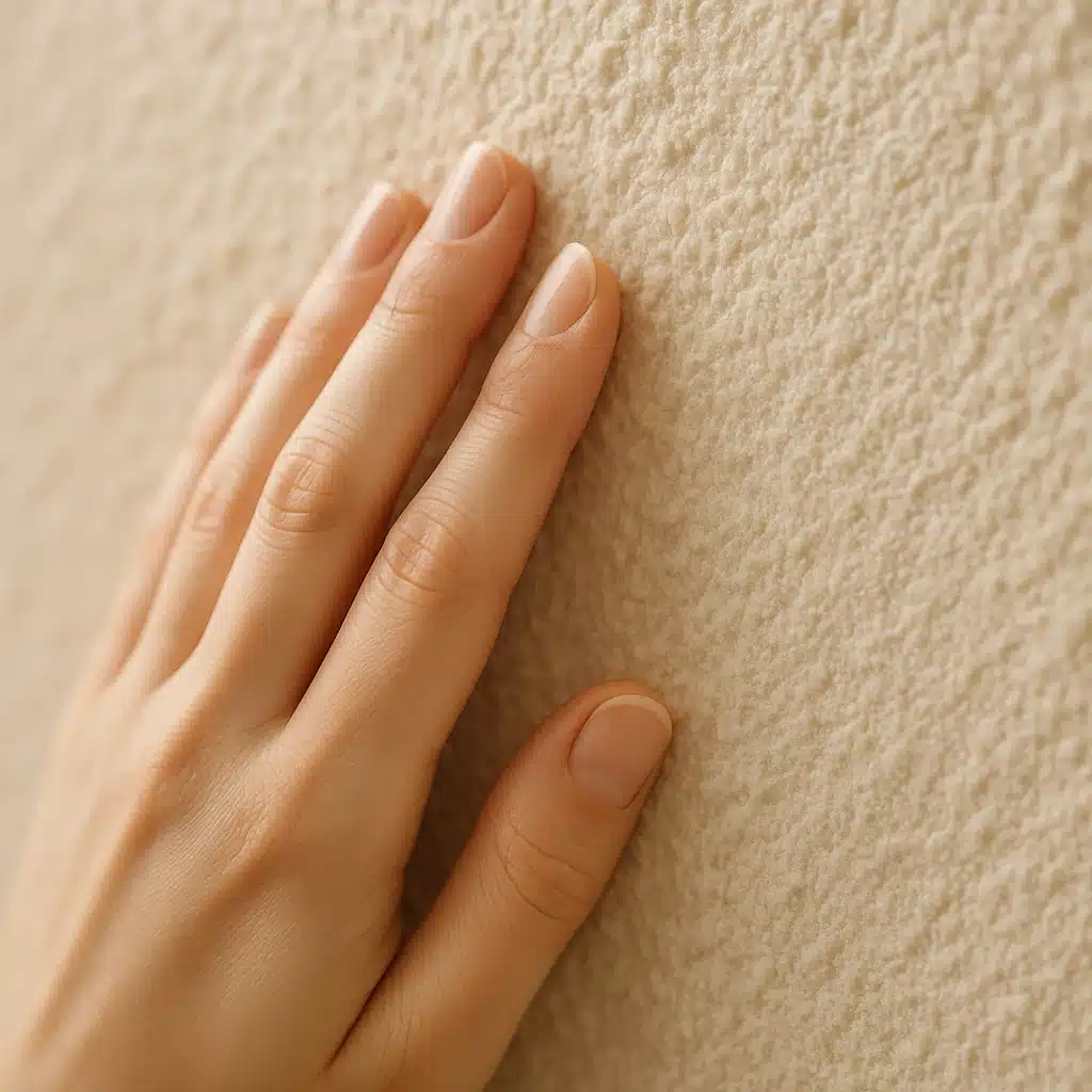Nahaufnahme einer faserigen Baumwollputz-Struktur als natürliche Alternative zu Farbe und Tapete