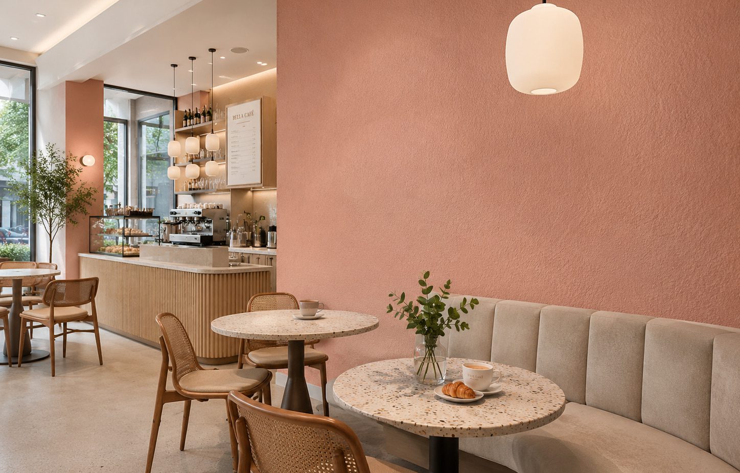 Empfangsbereich oder Café mit fugenloser Baumwollputz Oberfläche
