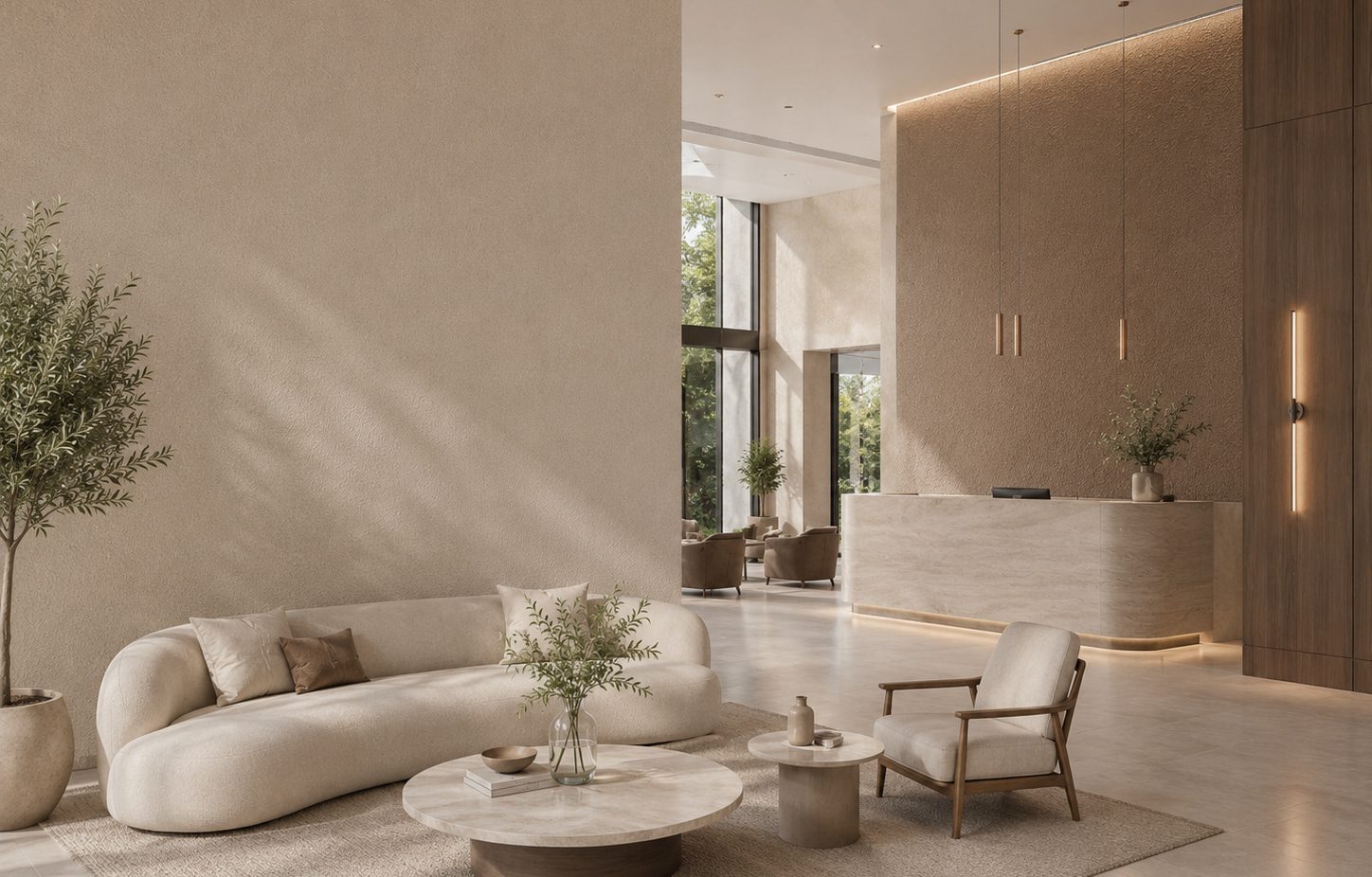Empfangsbereich mit ruhiger Baumwollputz Wandgestaltung