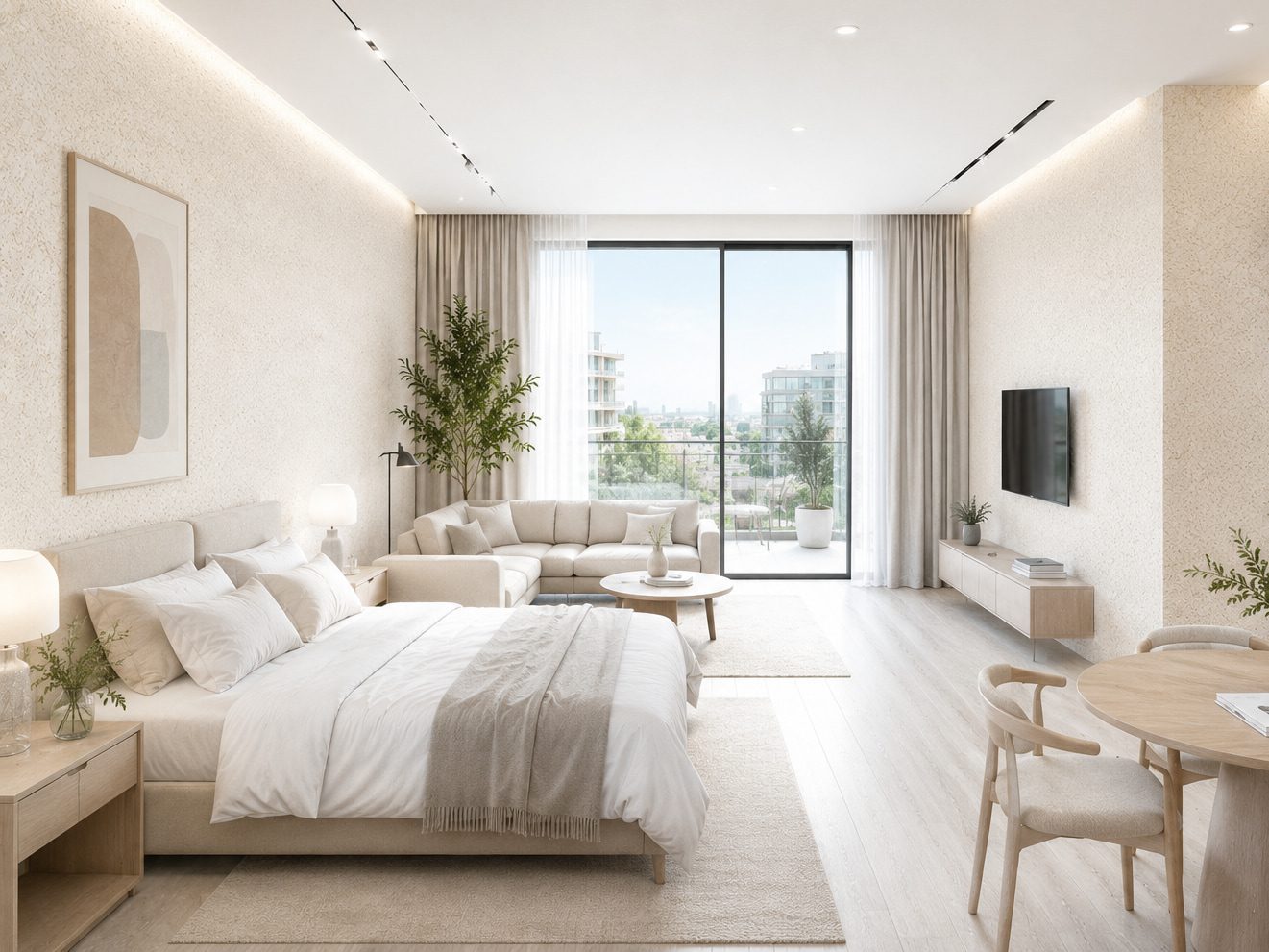 Hotelzimmer oder Apartment mit fugenloser Baumwollputz Wandoberfläche